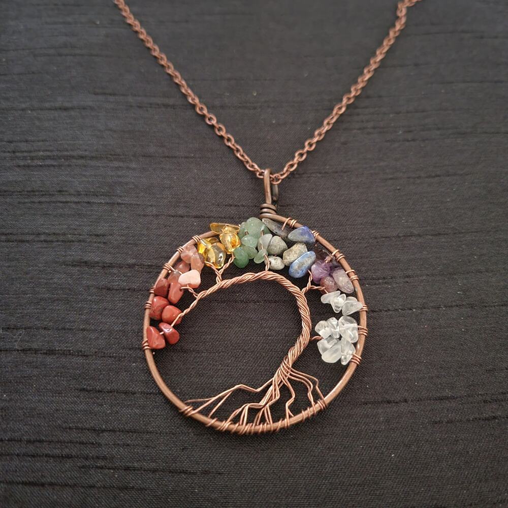 Tree of life wire wrap rainbow chakra stone bronze tone crystal pendant necklace